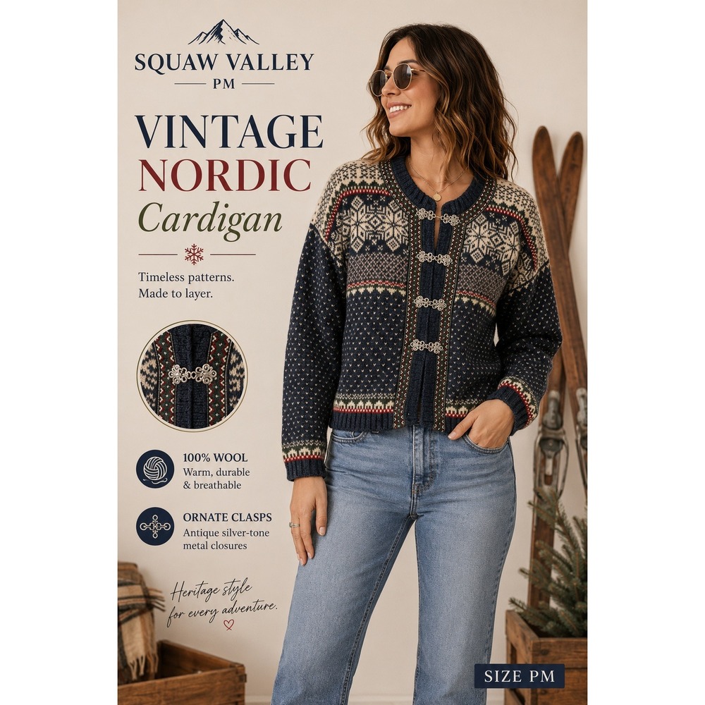 Vintage Squaw Valley Cardigan Sweater Women PM Navy Blue Nordic Wool Metal Clasp